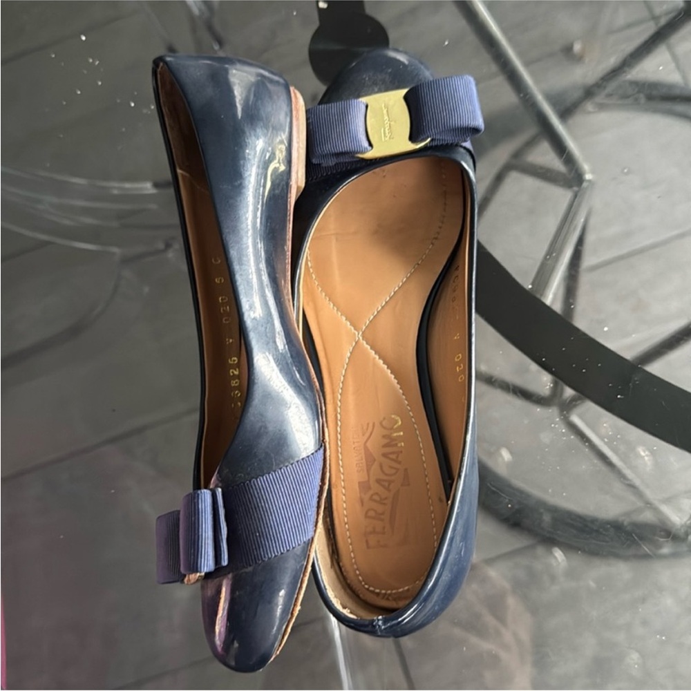 Salvatore Ferragamo Blue Patent Leather Flats with Bow